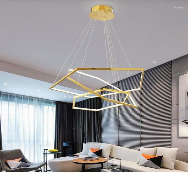 Lampadari Lampadario in oro di lusso post-moderno Minimalista Geometrico Linea esagonale Lampada a sospensione a led per soggiorno Anello