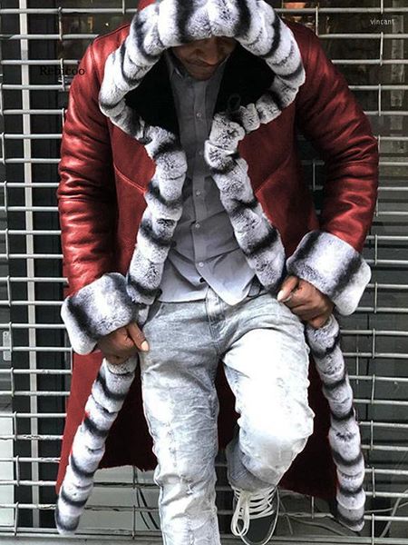 Männer Pelz Mantel der Männer Faux Leder Fleece Patchwork Lange Mit Kapuze Jacke Nachahmung Trenchcoats Winter Mantel Männlich