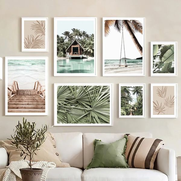 Pintura de lona abstrata engraçada ilha de ilha de praia onda de palmeira folhas de banana swing parede de parede impressão pinturas de lona