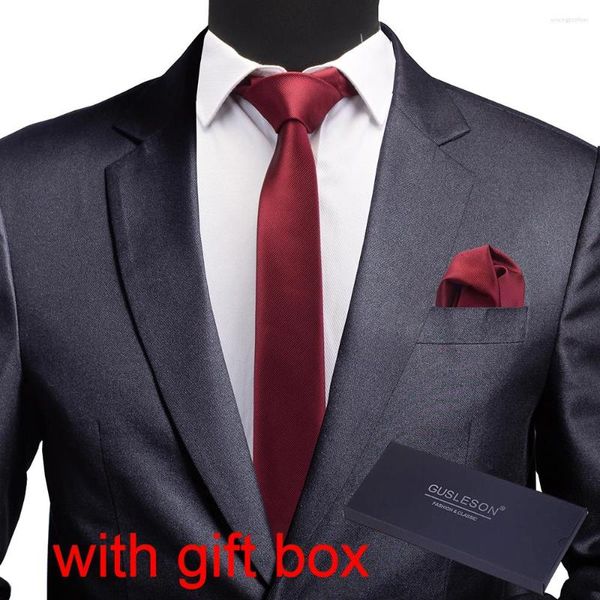 Papillon GUSLESON Quality Slim Men Tie Pocket Square Set 6cm Skinny Cravatta Rosso Giallo Verde Con confezione regalo Abito da sposa Business