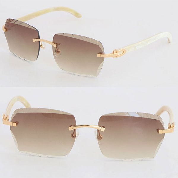Neues Designermodell, Diamantschliff, randlose Sonnenbrille für Damen, 3524012, Luxus-weiße Sonnenbrille aus echtem Naturhorn, große quadratische Damenbrille, 3,0 Dicke, Linsengröße 60