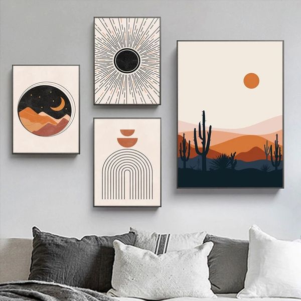 Poster vintage astratto Sole e luna Quadro su tela Arcobaleni Stampa artistica moderna Linea geometrica Quadro da parete per arredamento soggiorno