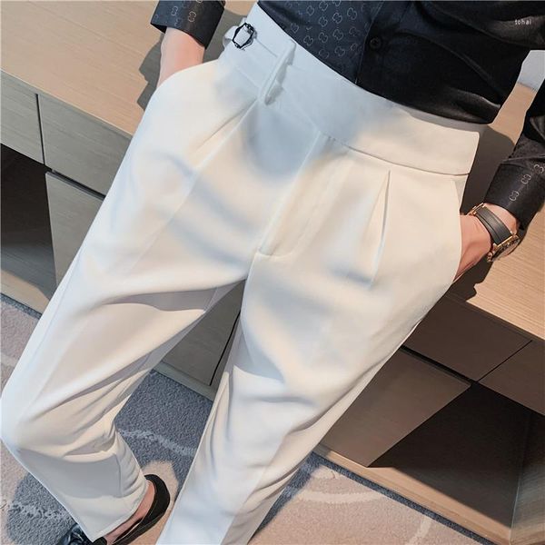 Pantaloni da uomo Pantaloni da uomo verticali a vita alta, sottili, dritti, colore puro, casual, moda, tendenza, West, bianchi