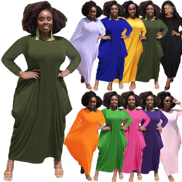 Vestidos casuais Autumn Mulheres senhora vestido de manga longa O-pescoço O-pescoço sólido cor reto e tamanho africano para desgaste de festas