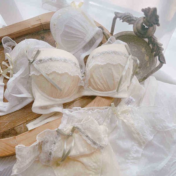 Bras define japonês novo verão lingerie de renda sem aço de anel de aço de algodão fino copo branco menina branca coletada alça de sutiã destacável T220907