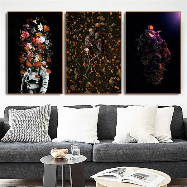 Leinwandgemälde, modernes Astronauten-Weltraum-Blumen-Poster, bunt, abstrakt, auf Leinwand, Gemälde, Druck, Wandbild für Wohnzimmer, Heimdekoration