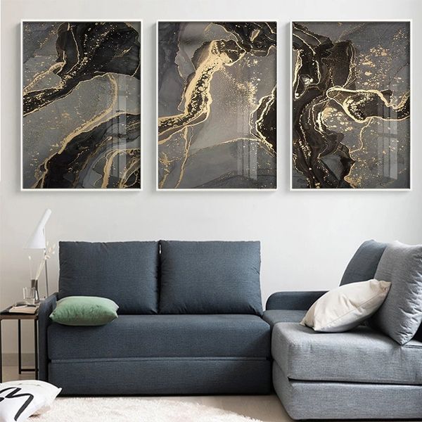 Pittura su tela Acquerello Nero dorato Linea astratta Tela Poster Marmo Stampa di lusso Modern Home Decor Dipinti artistici Immagini a parete per soggiorno