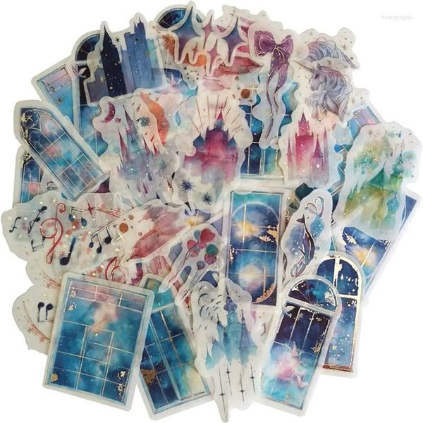 Geschenkpapier 60 Stück Kawaii Silberfolie Aufkleber Sternenhimmel durch Fenster Traumschloss Sternlicht Musiknote Washi Aufkleber für Scrapbooking