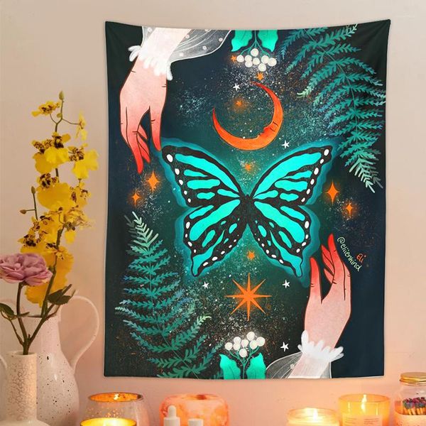 Taquestres de tapeçaria luminosa tapeçaria de fundo decoração de parede de parede Mão estrelada Black Boho Hippie Deco Home