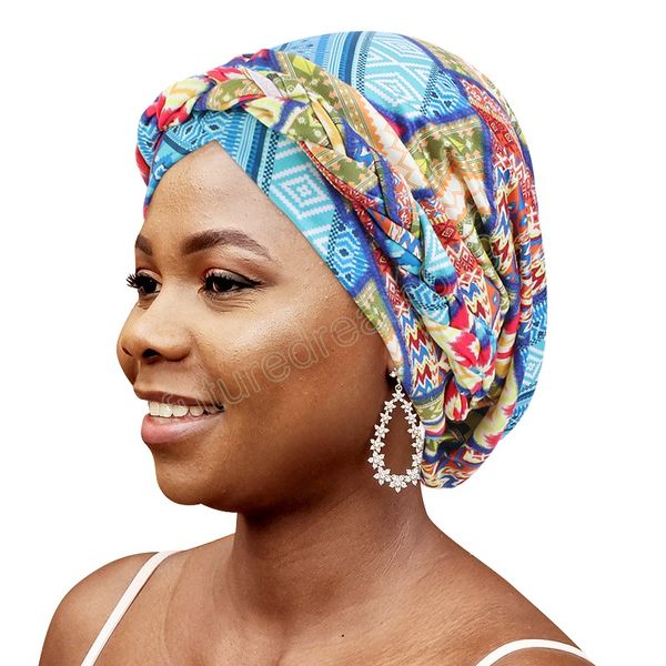 Afrikanische Muster Braid Turban Kappe Kopf Wrap Muslimischen Ethnischen Hijab Hut frauen Lose Stretch Turban Party Bunte Haar Zubehör