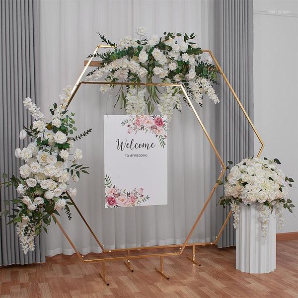 Decorazione per feste Fondali con cornice esagonale in oro lucido Palcoscenico per matrimoni Espositore per fiori Battesimo Palloncino Arco Candy Bar Tavolo per torta Plinto