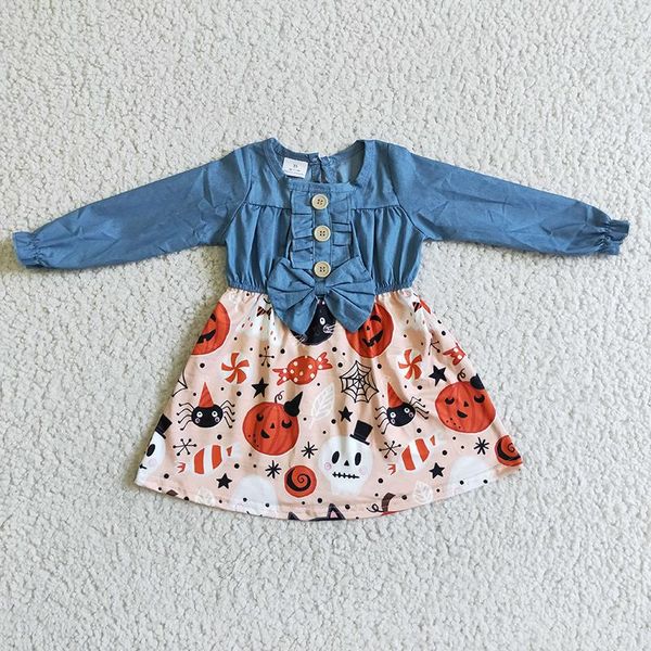 Kız Elbiseler Toptan Bebek Cadılar Bayramı Elbise Toddler Yumuşak Denim fırfır Uzun Kollu Çocuklar Kabak Hayalet Bowknot Çocuk Tatil Kıyafetleri