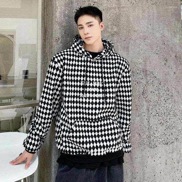 Felpe con cappuccio da uomo Autunno Inverno Addensare Rombo Nero Bianco Griglia Pullover Felpa con cappuccio Streetwear Moda Vintage Uomo Plaid Felpa con cappuccio