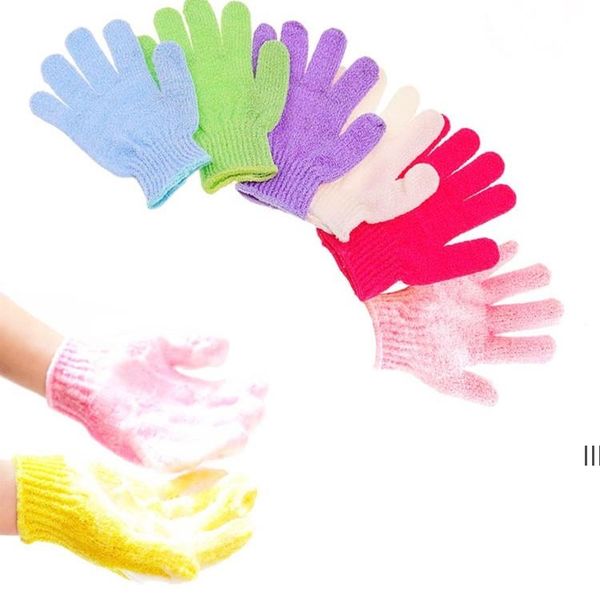 Peeling Glove Scrubber Five Fingers Esfoliante Rimozione dell'abbronzatura Guanti da bagno Guanti da bagno in fibra morbida Massaggio Detergente via mare JNB16203