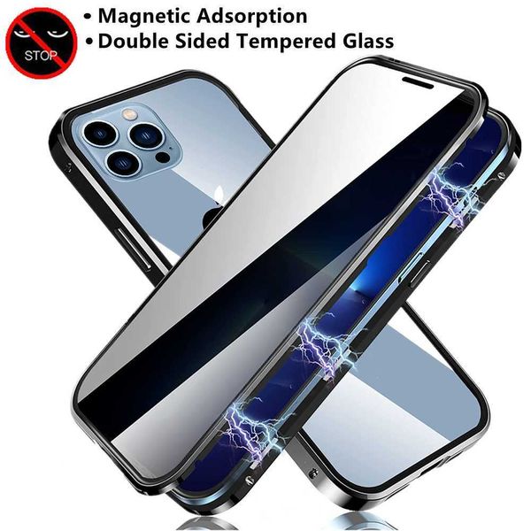 Capas de celular com proteção de vidro duplo protetor de metal anti-espião tela de privacidade capa para iPhone 13 12 11 Pro Max Mini 6 7 8 Plus X XS XR W221012