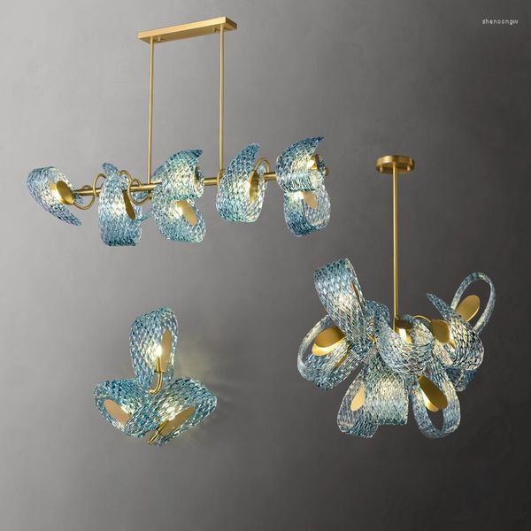 Kronleuchter Art Deco G9 LED Postmoderne Kupfer Glas Blau Schönheit Lustre Kronleuchter Beleuchtung Suspension Leuchte Lampen Für Foyer