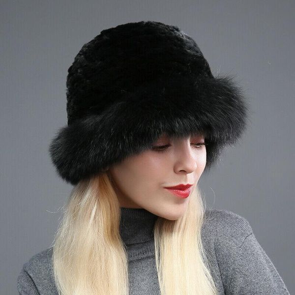 Beanie Women Rex Rabbit Fur Hat Winter Warm Cap Real Fox Fur Brim Paraorecchie da viaggio