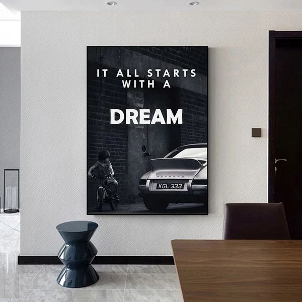 Poster, Wandkunst, dekorative Gemälde, Leinwand für Heimdekoration, Schwarz und Weiß, „It All Starts with a Dream Room“, Drucke, rahmenlose Dekorbilder, Dekoration