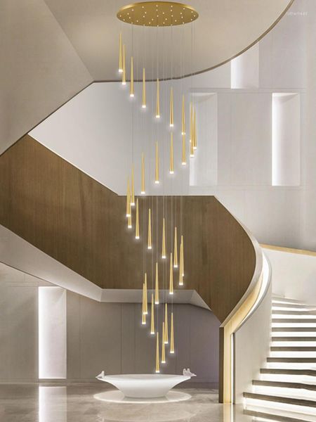 Люстры северная светодиодная люстра для гостиной зал зала Foyer Golden Modern Long Lowlight Дуплексная высотная лестница Кольцо Вращающаяся подвесная лампа