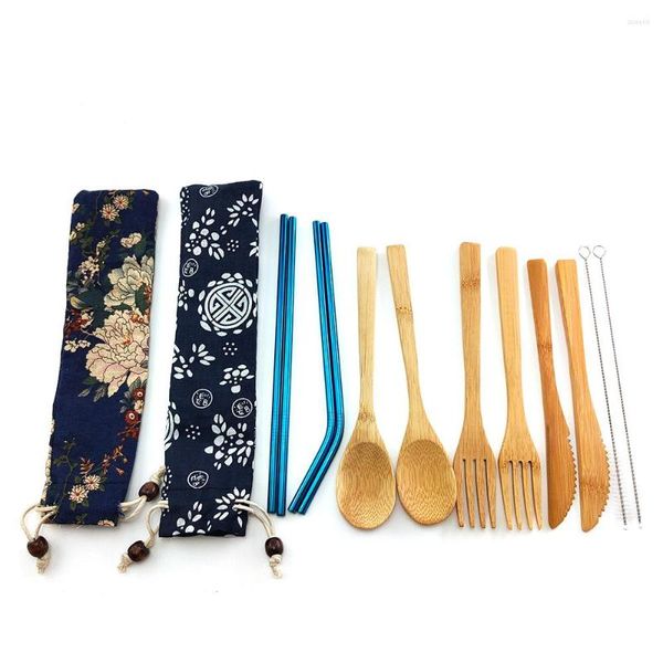 Set di stoviglie Stoviglie Set di posate di bambù Eco-friendly Riutilizzabile Forchetta Cucchiaio portatile Coltello e spazzola di paglia per legno 12 pezzi