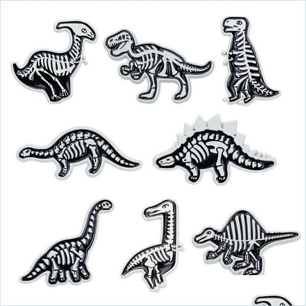 Pins Broschen Cartoon Dinosaurier Skelett Brosche Pins 12 teile/satz Lustige Tier Legierung Emaille Farbe Herren Anzug Broschen Kleine Kleidung Jewe Dhf3N