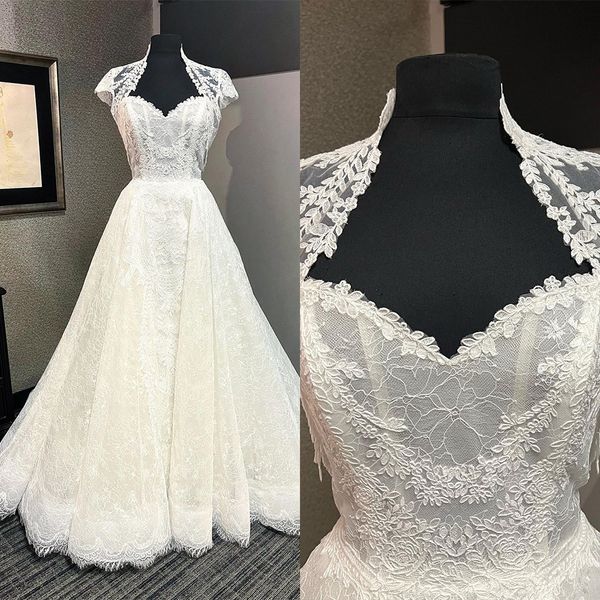 Abito da sposa giunonico di design in pizzo con applique ricamate impero Abito a figura intera manica corta Plus Size Abito da sposa Custom Made Vestidos De Novia