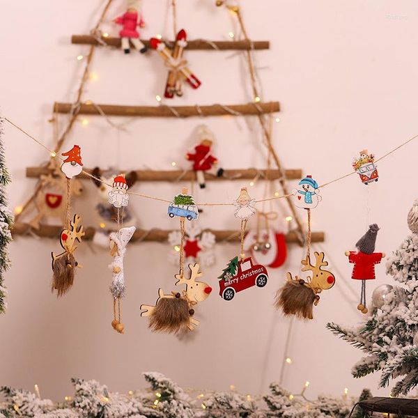 Decorações de Natal 6pcs/sacola desenho animado de madeira Papai Noel, boneco de neve, carroce de anjo, carrinhezes de pó de clipe de clipe de clipes postais clipes de cartão postal