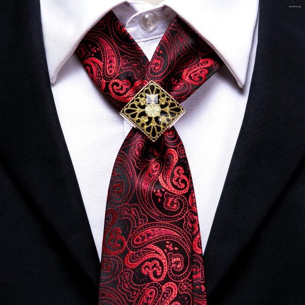 Papillon Hi-Tie Anello di lusso Rosso scuro Cravatta da uomo Set Paisley Seta per uomo Design alla moda Gemelli Hanky Cravatta di qualità da sposa