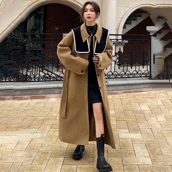 Cappotto di lana invernale da donna in lana da donna Lungo allentato coreano College Fashion Design Ispessimento britannico Ladies Cape Risvolto Monopetto