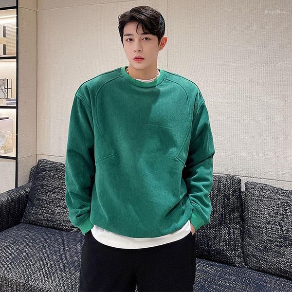 Felpe con cappuccio da uomo 2022 Felpa verde in velluto a coste Maschile Coreano Streetwear Moda Cityboy Pullover casual allentato Top Coppia cappotto