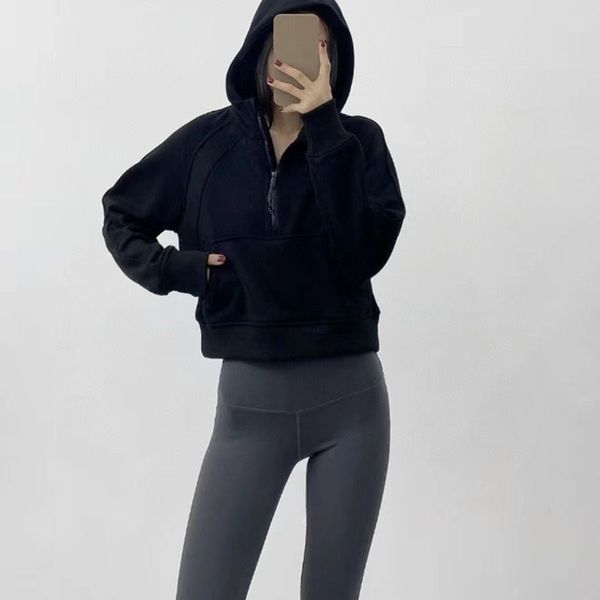 LL Damen Herbst-Kapuzenpullover, Sweatshirt, Yoga-Anzugjacke, Damen, Sport, halber Reißverschluss, dick, locker, kurz, mit Fleece