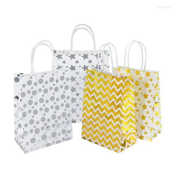 Geschenkpapier Gold/Silber Sternwelle Polka Dot Papiertüte mit Griff Recycelbar Ladenbeute Hochzeit Partybevorzugung Süßigkeiten Lebensmittelverpackung 5 Stück