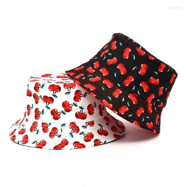 Berretti Cappelli a secchiello con ciliegia Stampa con ciliegie Cappellini Panama neri hip-hop per ragazze da viaggio Protezione solare da campeggio Cappelli estivi casual da soleBerretti