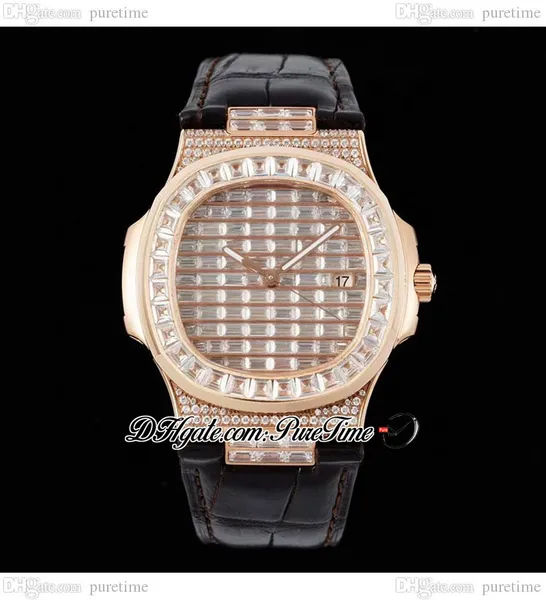 GSF 5719R A324 Orologio automatico da uomo in oro rosa con pavé di diamanti quadrante stick ghiacciato diamante cinturino in pelle nera Super Edition orologi gioielli Puretime C3