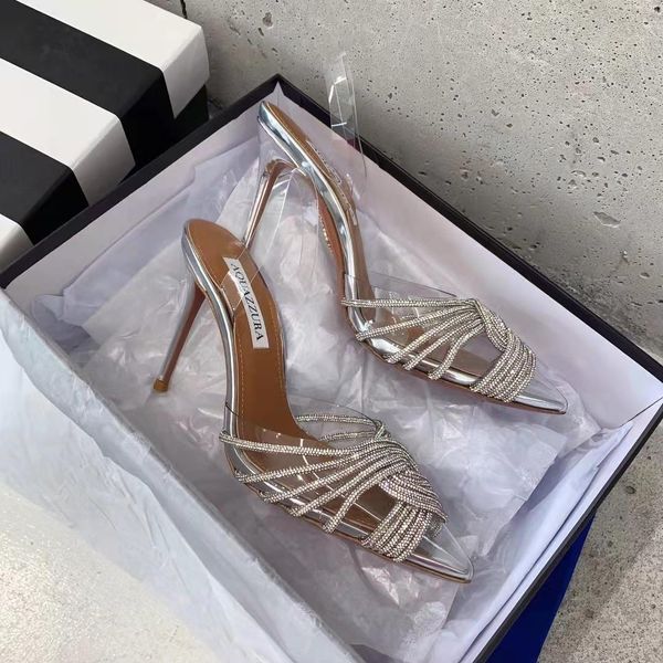 Роскошный сезон, новая обувь, дизайнерские туфли-лодочки Aquazzura, Gatsby Sling 105, прозрачные сандалии из ПВХ для вечеринок, туфли на шпильке с кристаллами, Италия