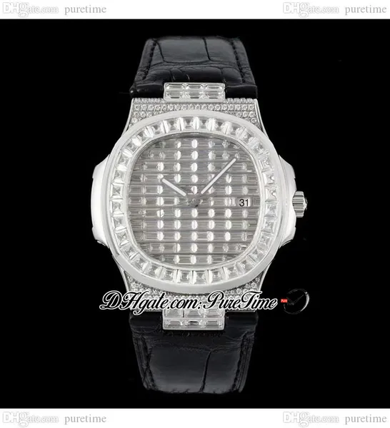 GSF 5719G A324 Orologio automatico da uomo Acciaio pavimentato rettangolo diamanti Dial Stick Iced Out Diamond Cinturino in pelle nera Super Edition Orologi gioielli Puretime B2