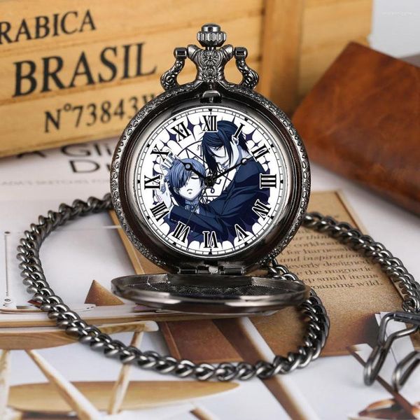 Orologi da tasca Dark Butler Tema Manga giapponese Lega quadrante con numeri romani bianchi Copertina squisita Collana durevole Regalo di compleanno