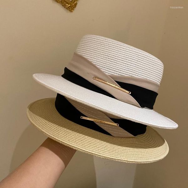 Chapéus largos de papel japonês palha de palha de tecido liso de verão preto e branco de chiffon com tais de morango com tais