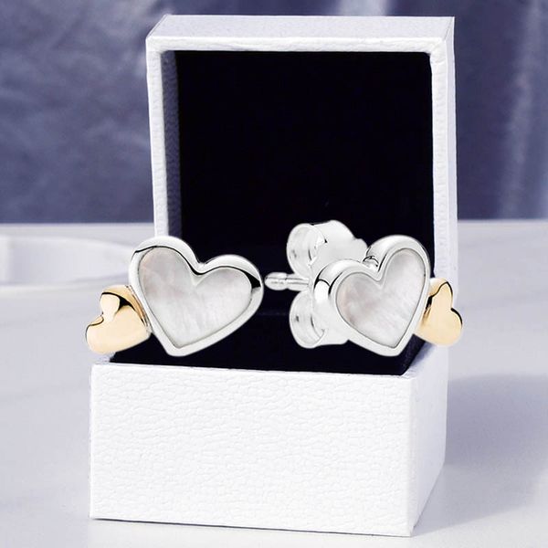 Chapado en oro amarillo Doble corazón Stud Pendiente Real 925 Joyas de boda de plata esterlina para mujeres Niñas con caja original para Pandora Novia Pendientes de regalo