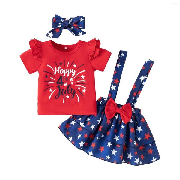 Kleidungssets für geborenes Baby, kurze Röcke, Outfits, T-Shirt mit Ärmel, Buchstabendruck, Hosenträger, süßes Stirnband-Set