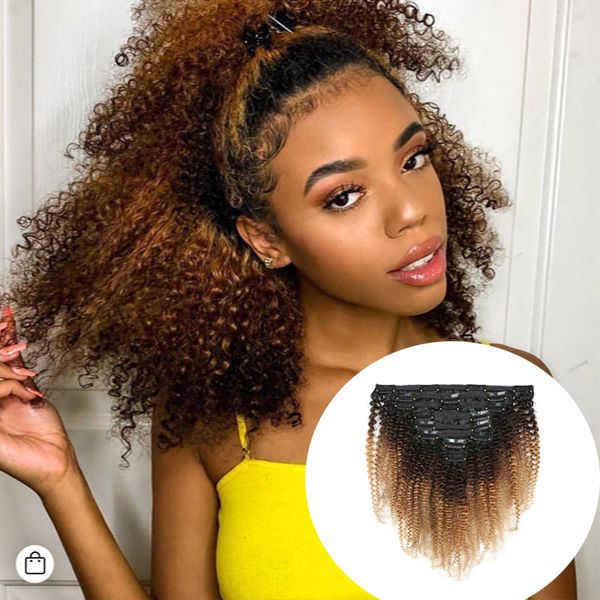 Ombre Remy Klip İnsan Saç Uzantıları Afro Kinky Kıvırcık 3C 4A 4B 10-22 inç İki Ton T#1B/4/27 Tam kafa