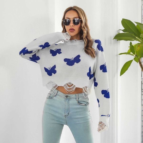 Women's Knits Tees Y2K Butterfly Print Hole Maglione Donna Crop Top Autunno Inverno Manica lunga Donna Maglioni Loose Top Casual Streetwear T221012