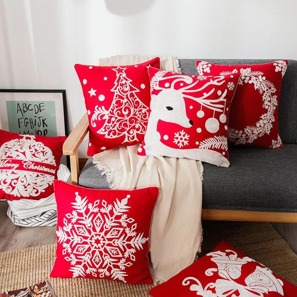 Kissen mit weihnachtlichem besticktem Bezug, 45 x 45 cm, Baumwollleinen, gehäkelte Schneeflocke, Elch, rote Dekokissen