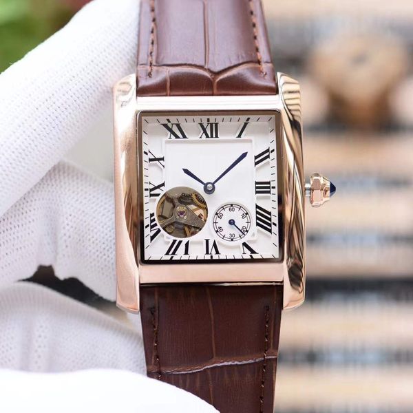 Homens de luxo Autom￡tico Tanque mec￢nico de volante de villo de vil￣o esportivo multifuncional Stopwatch geom￩trico Roman N￺mero de pulso Male Black Genuine Shated Clock impermeabilizado