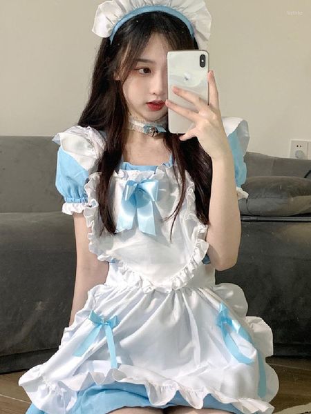 Vestidos casuais japoneses kawaii lolita vestido feminino 2022 doce garota macia cosplay empregada de empregada de colarinho quadrado sexy colarinho curto bow op mini