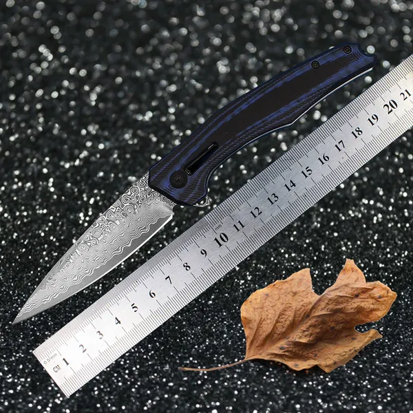 1pcs R8328 Flipper Pocket Cocket Coffing 76-слойный VG10 Damascus Steel Blade Blue G10 Ручка на открытом воздухе походы на рыбалку.