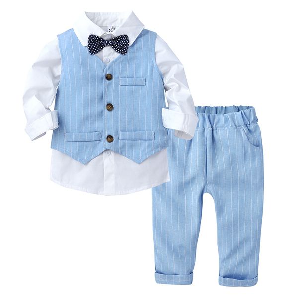 Set di abbigliamento per bambini Gentleman 3 pezzi / set Papillon Kid Stripe Plaid Vest Pantaloni Risvolto Camicia a maniche lunghe Baby Birthday Party Abiti Primavera Autunno Boy Outfits Z003