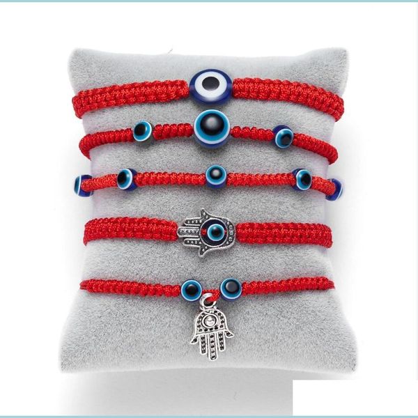 Perlenstränge Blau Türkischer böser Blick Fatima Freundschaft Glücksarmbänder Kabh Religiöse Hamsa Hand Charms Armbänder Rotes Seil gewebt Adju Dhn2I