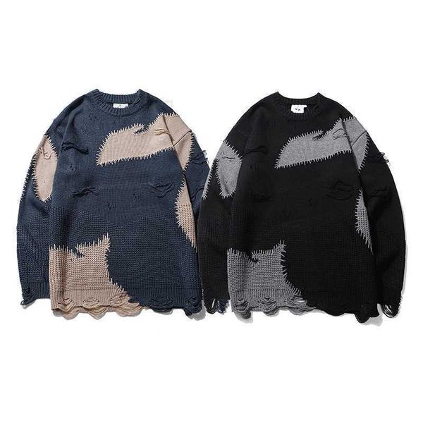 Montos masculinos Harajuku Color Block Hole Sweater Brayed O Pescoço de Artigo Oversize Strúbtewear Pullover Baggy Hip Hop Casal Roupas