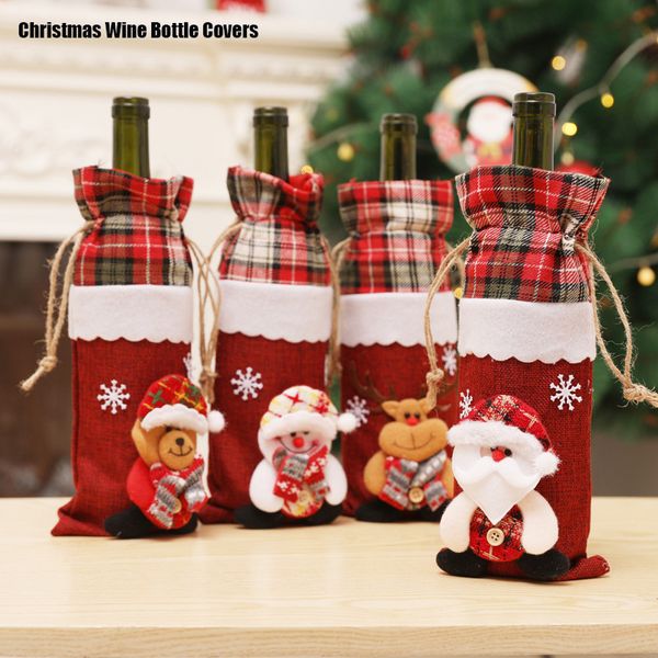 4pcs/conjunto Decora￧￵es de Natal Tampa de vinho Tampa de vinho Bolsa de vinhos boneca de neve Papai Noel